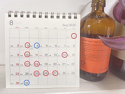 8月のお休み予定です、緊急の時はお休みでも承ります、早めにお電話ください。